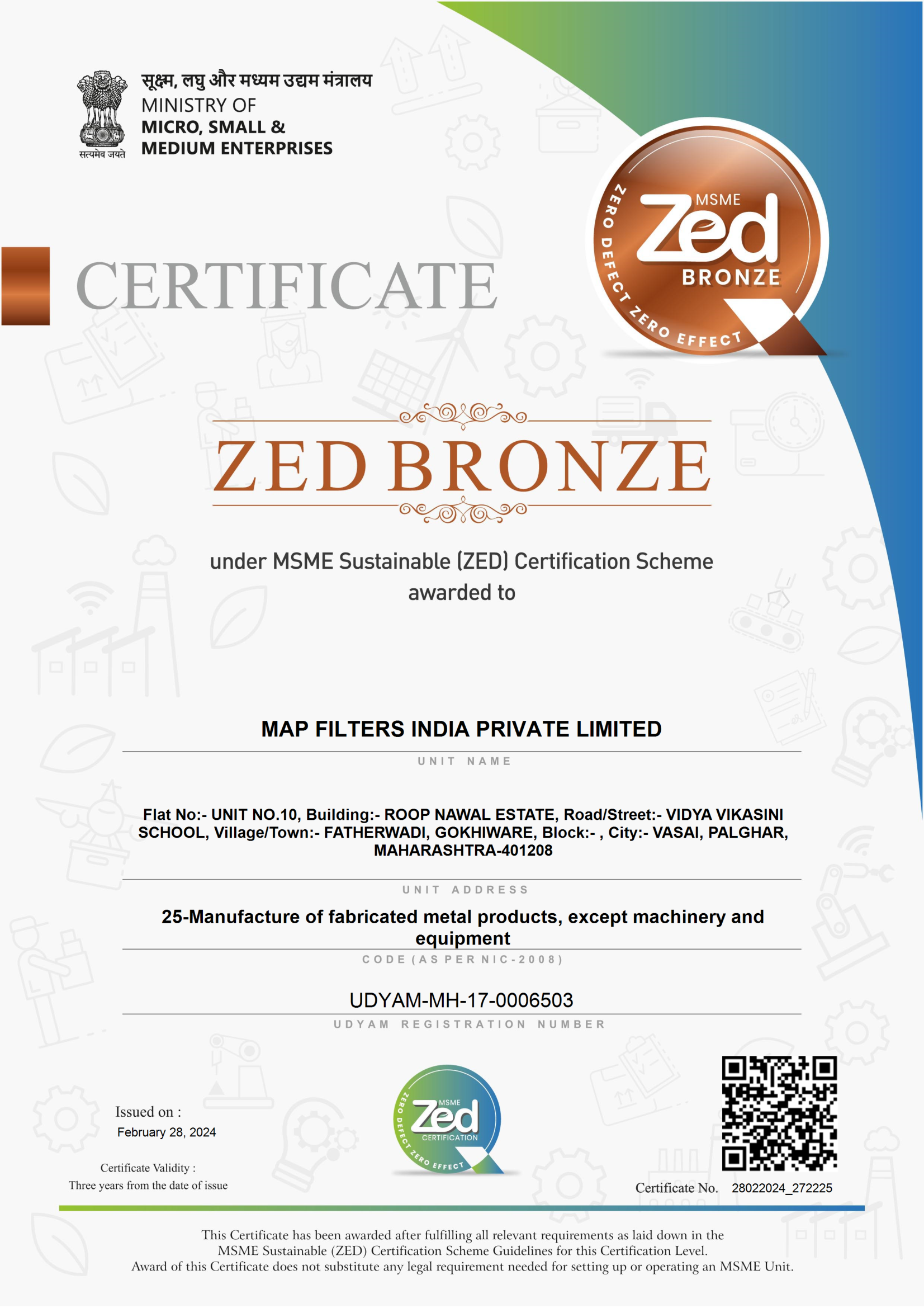MSME ZED Bronze - Zero Defect Zero Effect Certification Scheme